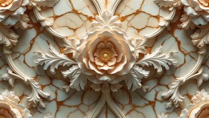 Poster - ornate floral relief design with intricate detailing and pastel colors on textured background