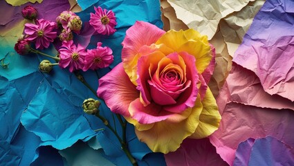 Wall Mural - Colorful rose and pink flowers arranged on vibrant crumpled paper background in various shades of blue and pastel colors.