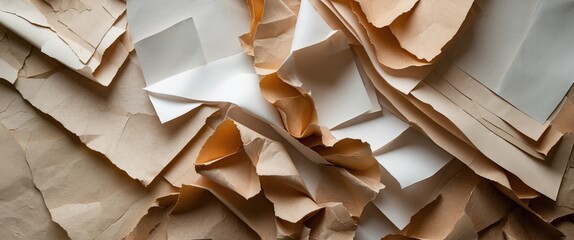 Poster - Assorted crumpled and torn paper sheets in various shades of brown and white arranged in a chaotic pattern on a flat surface