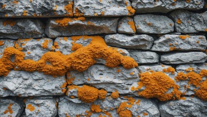 Poster - Lichen growth on a weathered stone wall featuring orange and gray textures in natural lighting