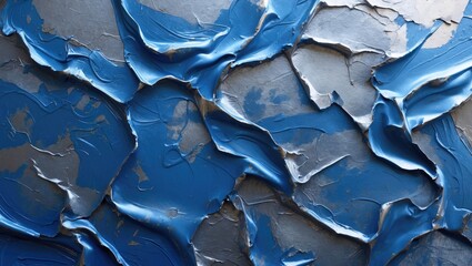 Poster - Abstract textured background of blue and silver oil paint layers with three-dimensional appearance