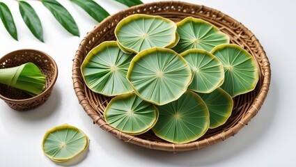 Poster - Green circular lotus leaves arranged in a woven basket on a white surface with additional leaves in the background