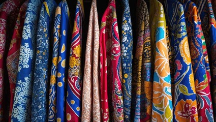 Poster - Colorful hanging fabrics with intricate patterns and textures displayed in a close-up view.