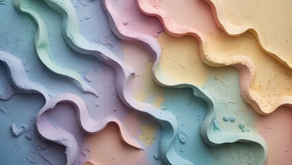 Poster - Colorful abstract layers of textured powder in pastel shades of pink, blue, yellow, and green creating a wavy pattern on surface.