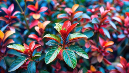 Poster - vibrant close-up of red and green leaves on a bush showcasing natural color contrast and texture in a botanical setting