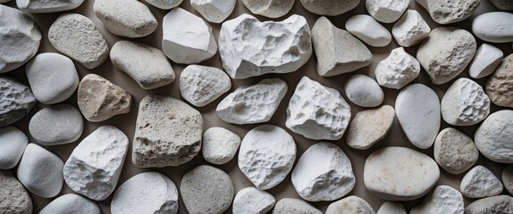 Poster - White stones and pebbles arranged in a flat lay composition showcasing various shapes and textures on a neutral background
