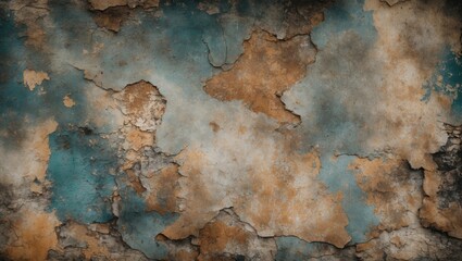 Poster - Grunge textured wall surface with peeling paint in shades of blue and brown for use as background or overlay design elements.