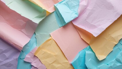 Poster - Colorful crumpled paper texture background in pastel shades of pink blue yellow and green forming an abstract composition