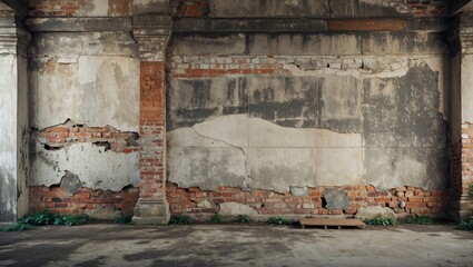 Poster - Old weathered concrete and brick wall with peeling paint and green plants at the base in an abandoned building interior
