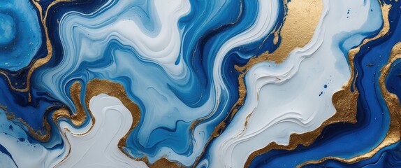 Poster - Blue and white abstract marble texture with gold accents design background