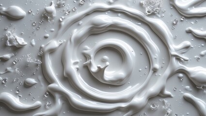 Poster - White cream or liquid swirl with droplets on a gray background in high detail close-up photography