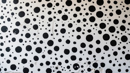 Poster - Black polka dot pattern on white wall with texture and irregular spacing in abstract art style background design.