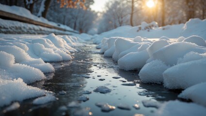 Poster - Winter landscape with snow-covered ground and a flowing stream reflecting sunlight in a serene setting during twilight.