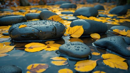 Poster - Black stones with droplets on water surface surrounded by vibrant yellow autumn leaves in a serene outdoor setting.