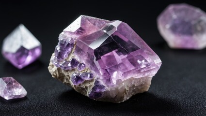 Poster - amethyst crystals with facets and inclusions on dark background showcasing natural geological format