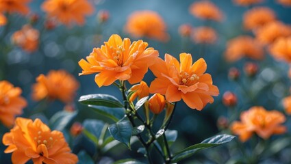Poster - orange flowers blooming in a garden with green leaves and a blurred background in soft natural light