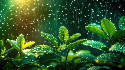 Poster - green leaves with raindrops against a blurred background of light and water droplets in a natural se