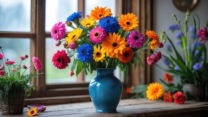 Poster - Colorful mixed flower bouquet in a blue vase on a wooden table near window with natural light and greenery in the background