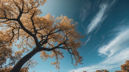 Poster - Large tree with golden foliage against a blue sky and wispy clouds, captured in a scenic outdoor landscape.