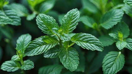 Poster - Fresh peppermint leaves in a lush green environment displaying rich texture and vibrant color for botanical imagery.