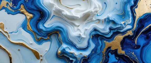 Poster - Blue and gold fluid art abstract background with swirling patterns and textures in shades of white, blue, and gold elements