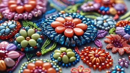 Poster - Colorful bead embroidery design featuring intricate floral patterns with various shapes and vibrant hues on a textured background.