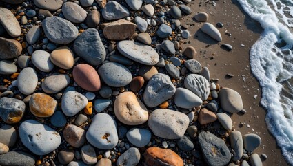 Poster - Colorful sea stones on a sandy beach with gentle waves washing over them under natural sunlight