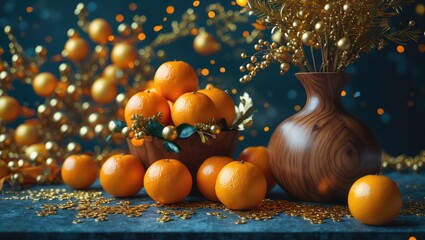 Poster - Arrangement of oranges in wooden bowl with golden decorations and vase on table with shimmering backdrop