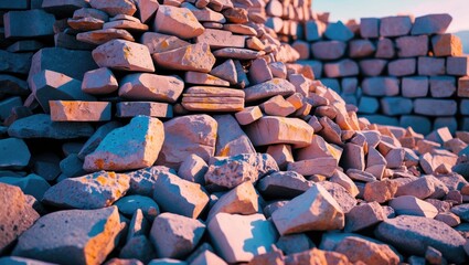 Poster - Piled colorful stones and gravel displaying various textures and shapes with a blurred background of a stone wall