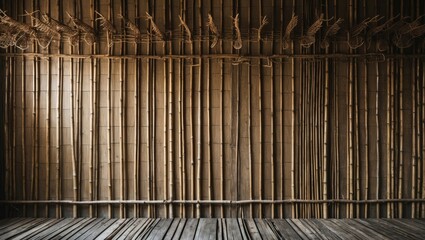 Poster - Bamboo wall interior texture with wooden floor in natural lighting creating a warm and rustic atmosphere for design backgrounds