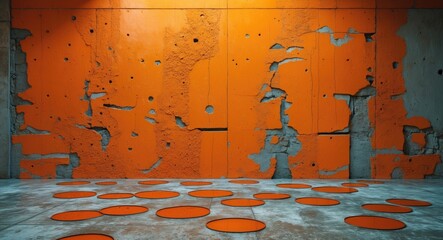 Poster - Orange textured wall with peeling paint and circular patterns on the concrete floor in an industrial interior setting.