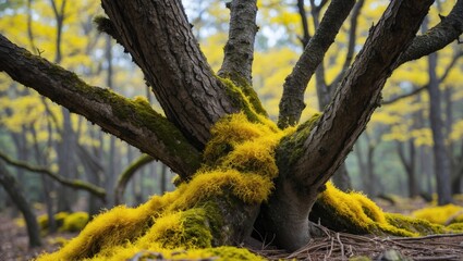 Poster - Tree trunk in forest covered with vibrant yellow moss during autumn foliage season in a natural landscape setting.