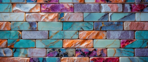 Poster - Colorful mosaic tile wall with various shades of blue, purple, orange and green in a rectangular pattern for interior design backgrounds