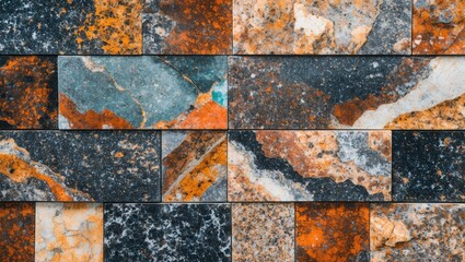 Poster - Granite wall texture with multi-colored slabs of gray, orange, black, and blue natural stone pattern background for interior or exterior design.