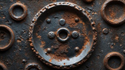 Poster - Detailed close-up of a rusty metallic surface featuring circular patterns and textures, highlighting corrosion and age of the material.