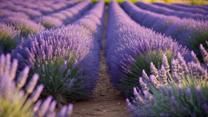 Poster - Lavender field with rows of blooming purple flowers under soft natural light during the golden hour in rural landscape setting