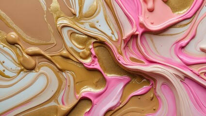 Poster - Abstract fluid art background with swirls of pink, gold, and beige color paints layered on a white canvas surface.