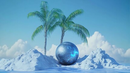 Poster - Two palm trees and a glowing sphere rest on snowdrifts