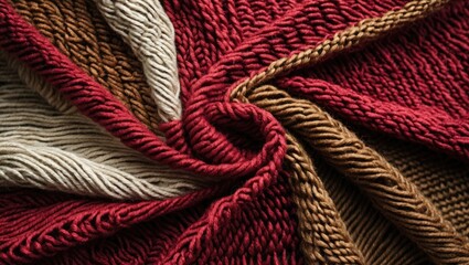 Poster - Textured fabric in warm colors featuring intertwined red, brown, and cream strands creating a cozy and inviting visual pattern