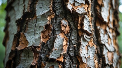 Poster - Close-up view of textured tree bark with layers of peeling brown and gray patterns in natural outdoor setting