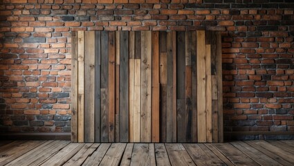 Poster - Wooden panel wall against a rustic brick background in a modern interior setting with hardwood floor.