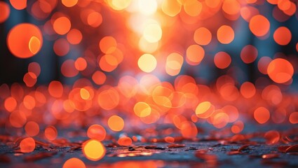 Poster - abstract blurred background with vibrant orange bokeh lights illuminating a path or surface from a w
