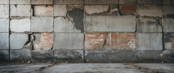 Poster - Textured concrete wall with exposed bricks and cracks creating an industrial background in an urban setting.