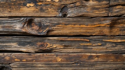 Poster - close-up of weathered wooden planks with rich texture and dark brown tones showcasing natural knots 