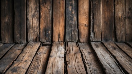 Poster - Wooden wall and floor with weathered and worn planks in rustic tones suitable for background or texture use