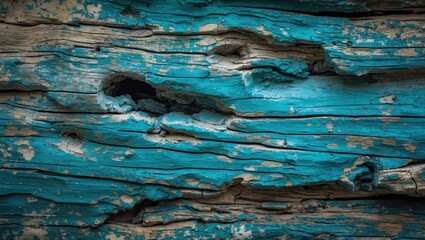 Wall Mural - Textured wooden surface with vibrant turquoise paint peeling off revealing natural wood beneath.