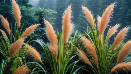Poster - Pampas grass with feathery plumes in foreground against lush evergreen forest background in soft morning light