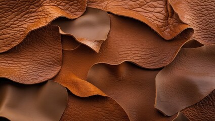 Poster - Close-up view of various textured brown leather pieces overlapping each other creating an intricate natural pattern