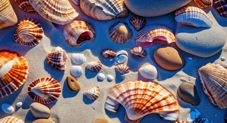 Poster - Collection of various sea shells on sandy beach with smooth pebbles and textured patterns illuminated by sunlight