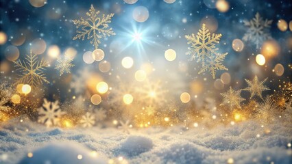 Wall Mural - frosty abstract winter landscape with snowflakes and golden bokeh lights scattered across the sky , 